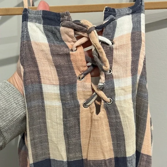 Bella Dahl Dress Lace-Up Back Plaid Midi pink and blue Size Small - Picture 3 of 9